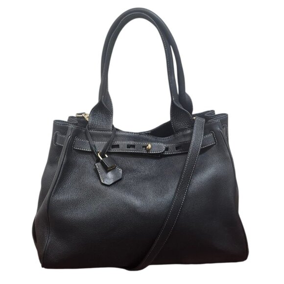 Suarez Made in Italy Black Leather Tote Shoulder Bag Gold Hardware Large Structu - Picture 5 of 16